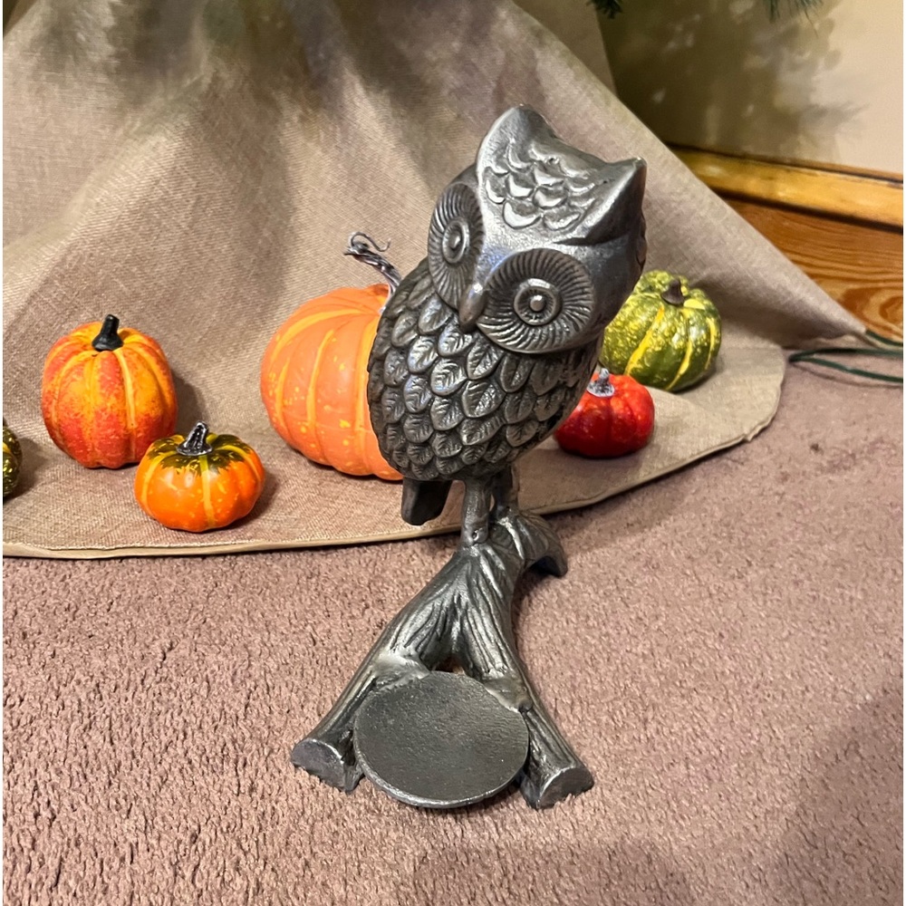 Cast aluminum Owl on tree branch statue with candle holder. 4” x 9 ½”